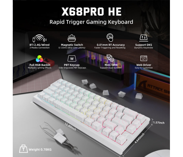 Attack Shark X68PRO HE Wireless Rapid Trigger 8kHz/128kHz Poron biała 6972792470627 - 1349536 - zdjęcie 4